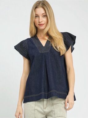 🩵Hello Gorgeous! Umgee COTTON Cap Sleeve Denim Top - Dark Denim